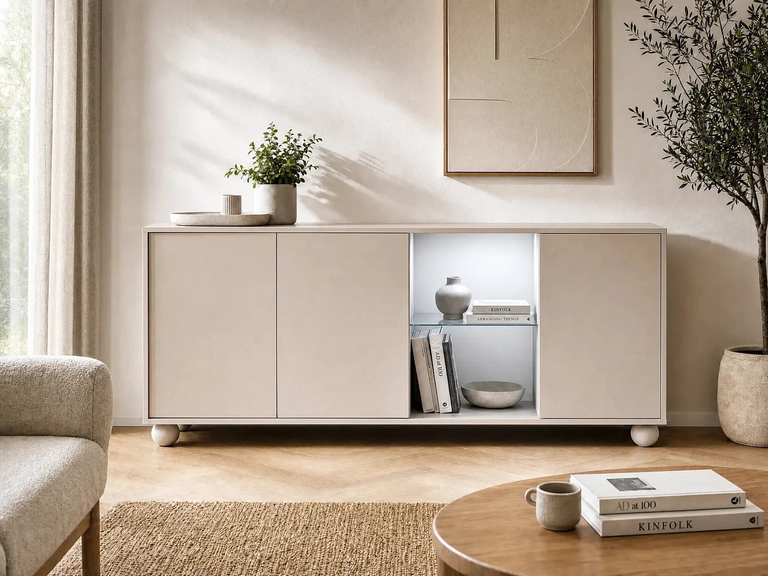 Buffet 3 portes et 2 niches avec LEDs - Beige - MYVARO