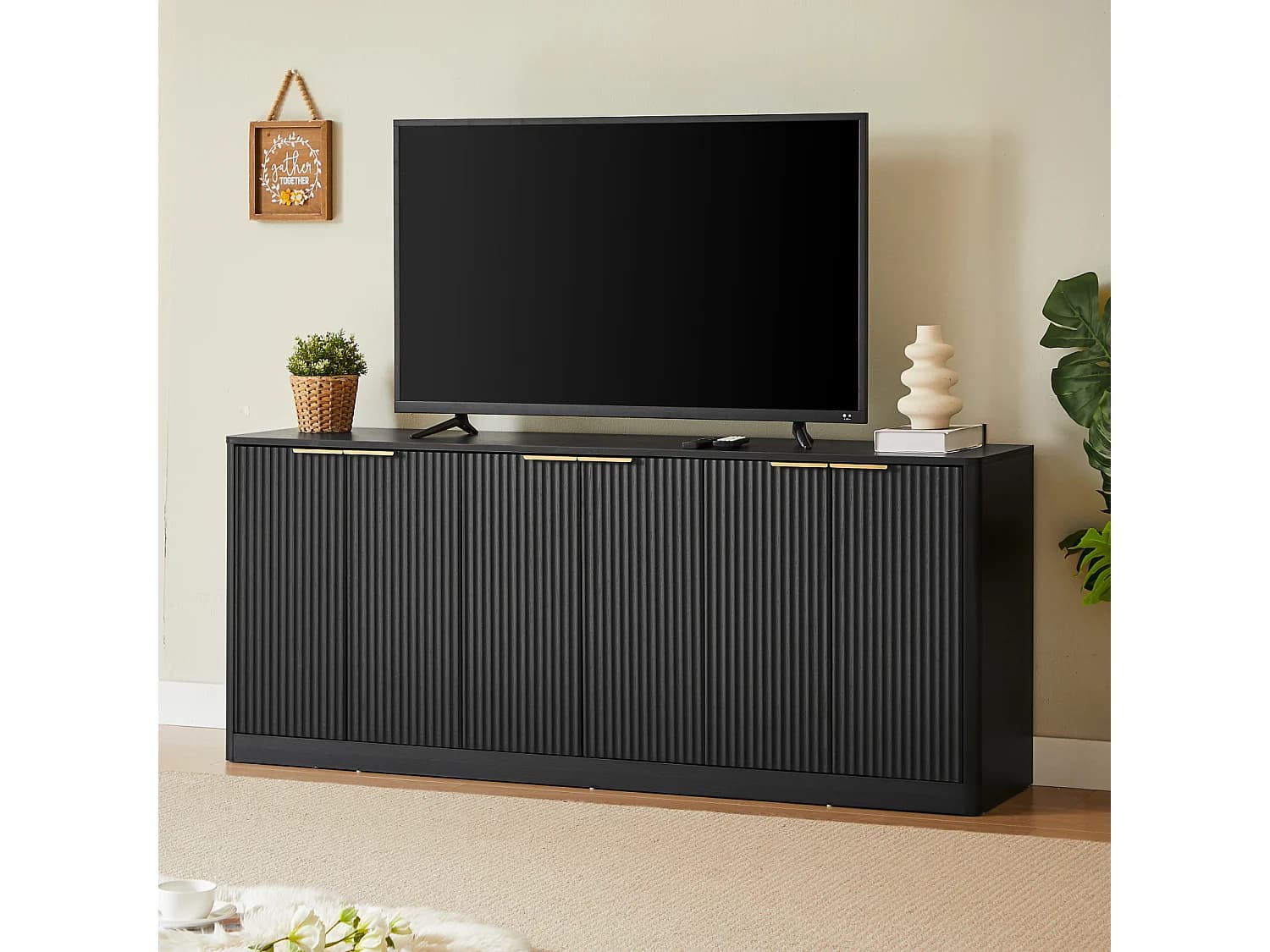 Buffet à motif ondulé avec 6 portes - Noir 170 x 40 x 70.5 cm