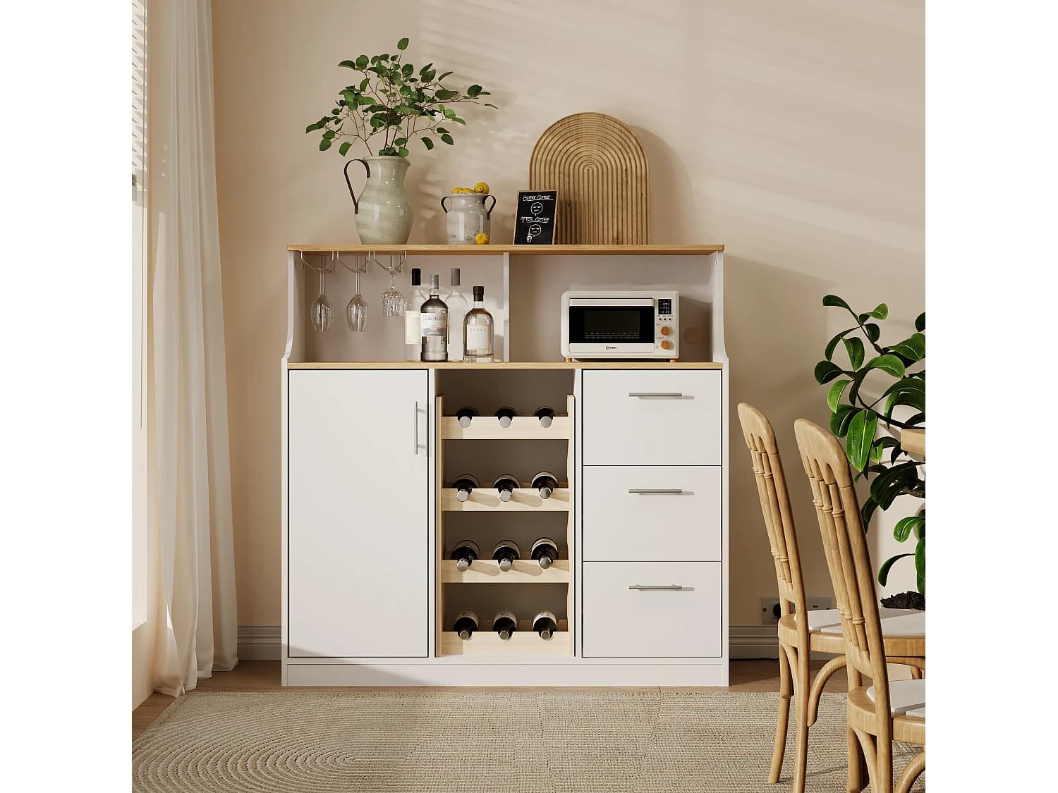 Buffet mini bar avec LED, prises électriques et casier à vin - Blanc et bois