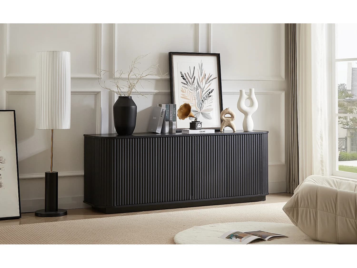 Buffet à motif ondulé avec 4 portes pour cuisine, chambre et entrée - Noir