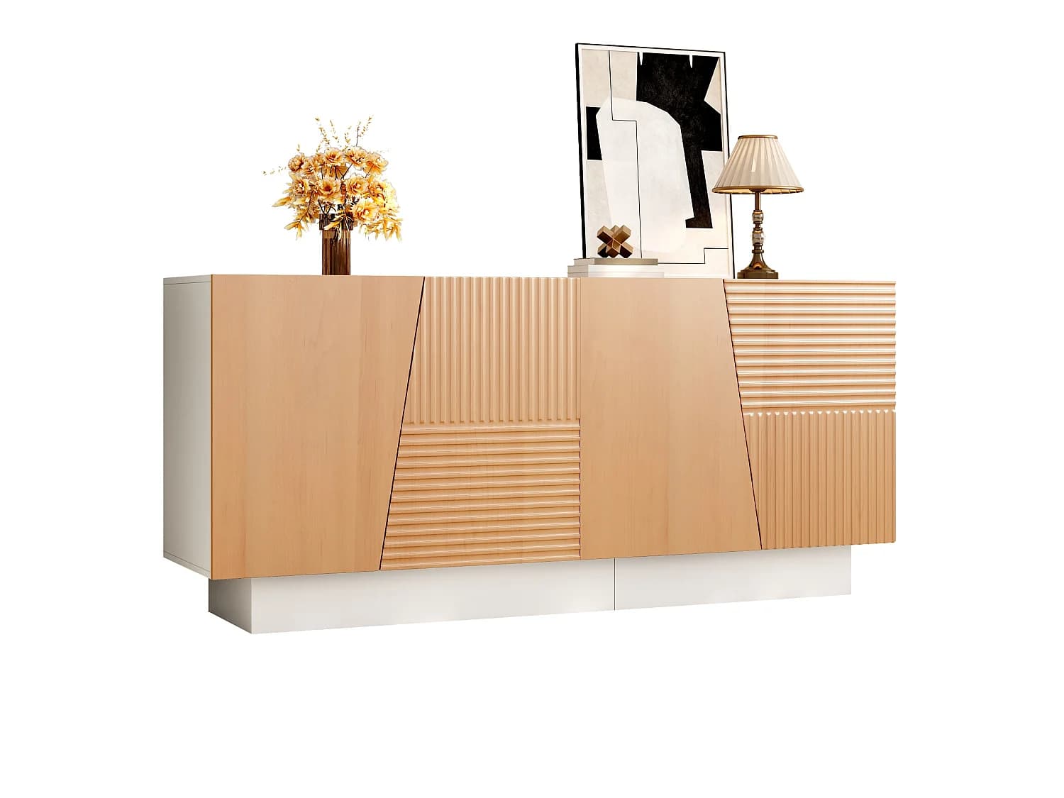 Buffet avec 4 portes 160x40,5x72 cm - Design géométrique rainuré - Étagères réglables - MDF - Couleur naturelle