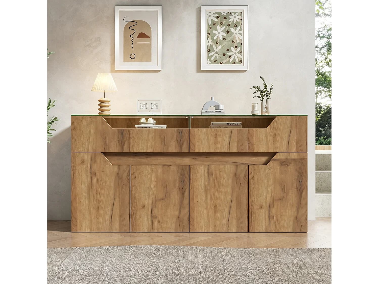 Buffet avec plateau en verre trempé - 2 tiroirs et 4 portes - 140x40x70 cm - Aspect en bois - MDF+verre - Naturel