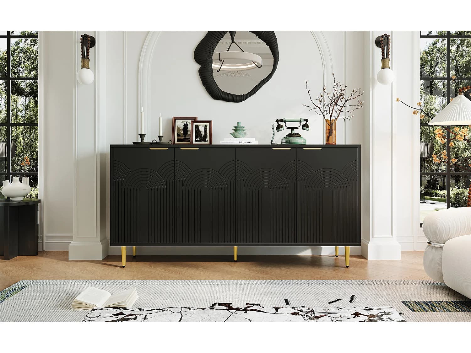 Buffet de salon avec 4 portes 160×40×80 cm - Poignées en métal doré - Noir