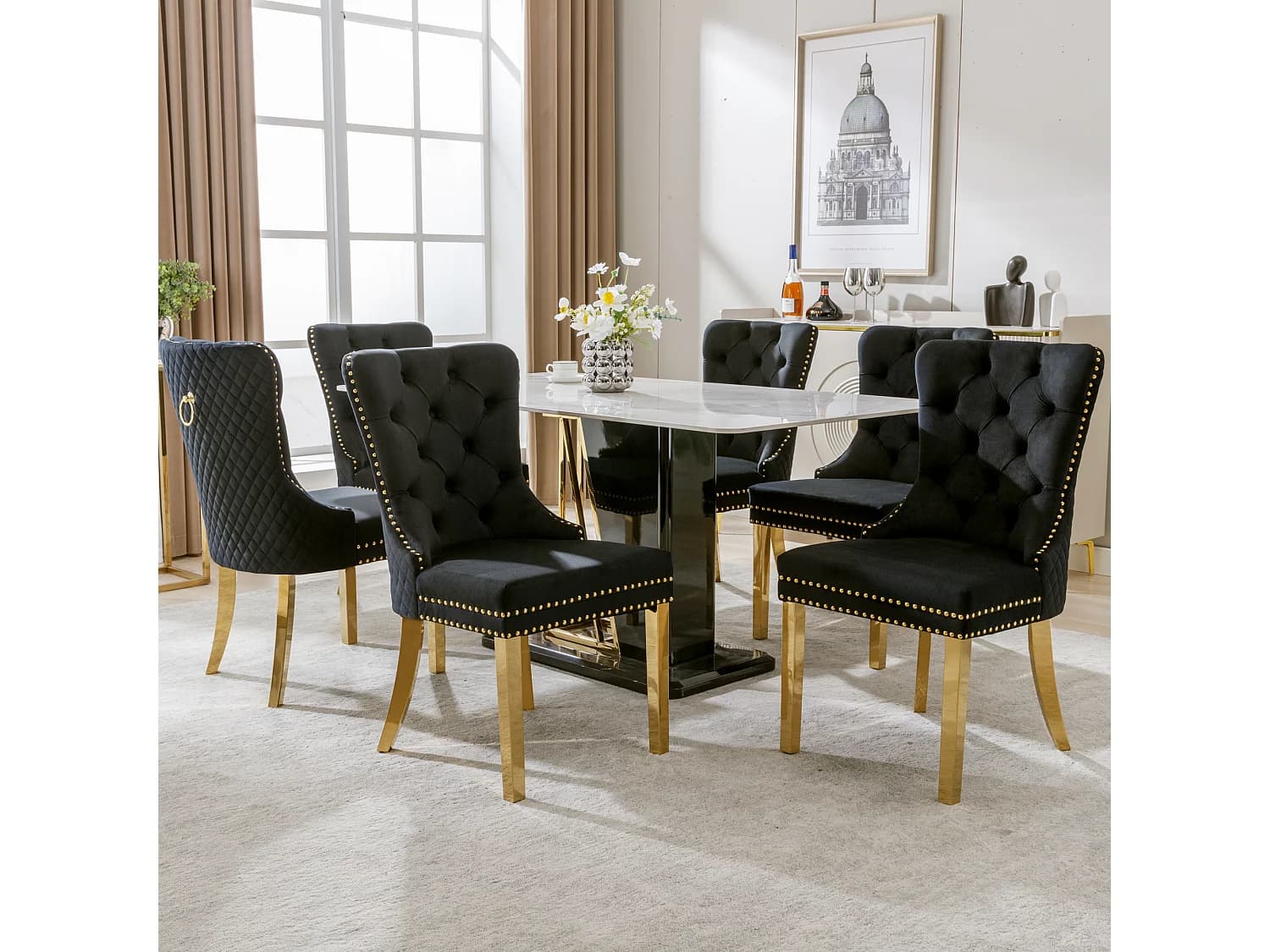 Lot de 6 chaises en velours noir avec garniture cloutée - Pieds en métal doré