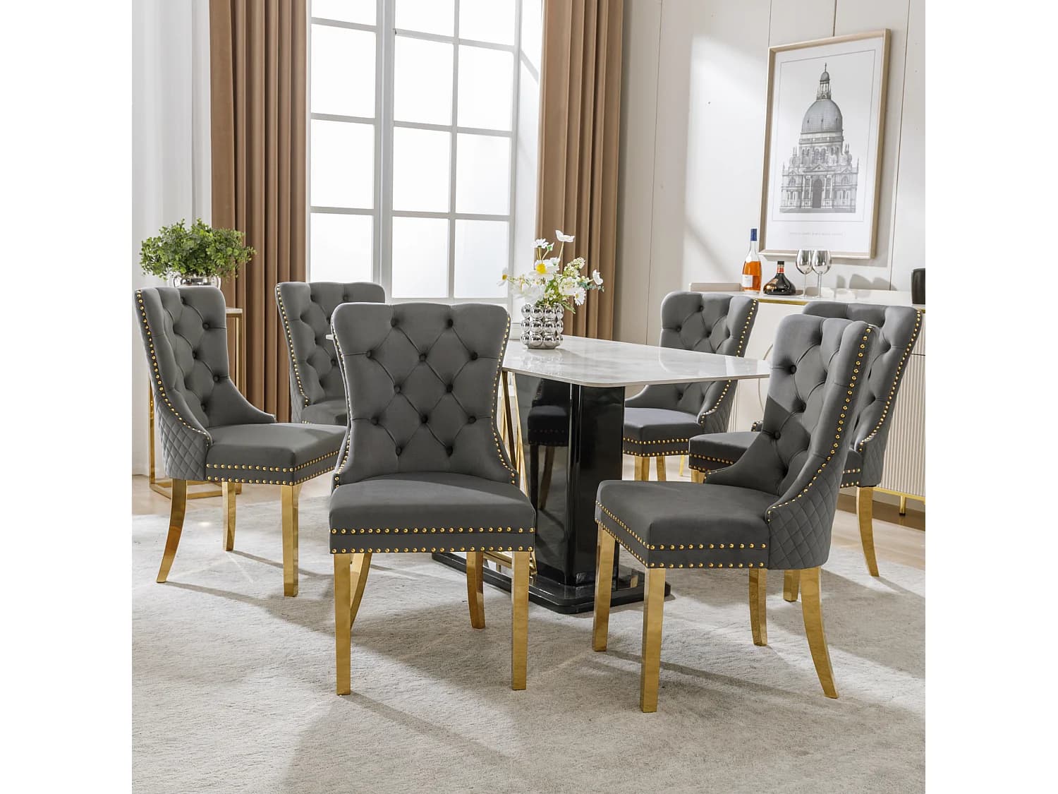 Lot de 6 chaises en velours gris avec garniture cloutée - Pieds en métal doré