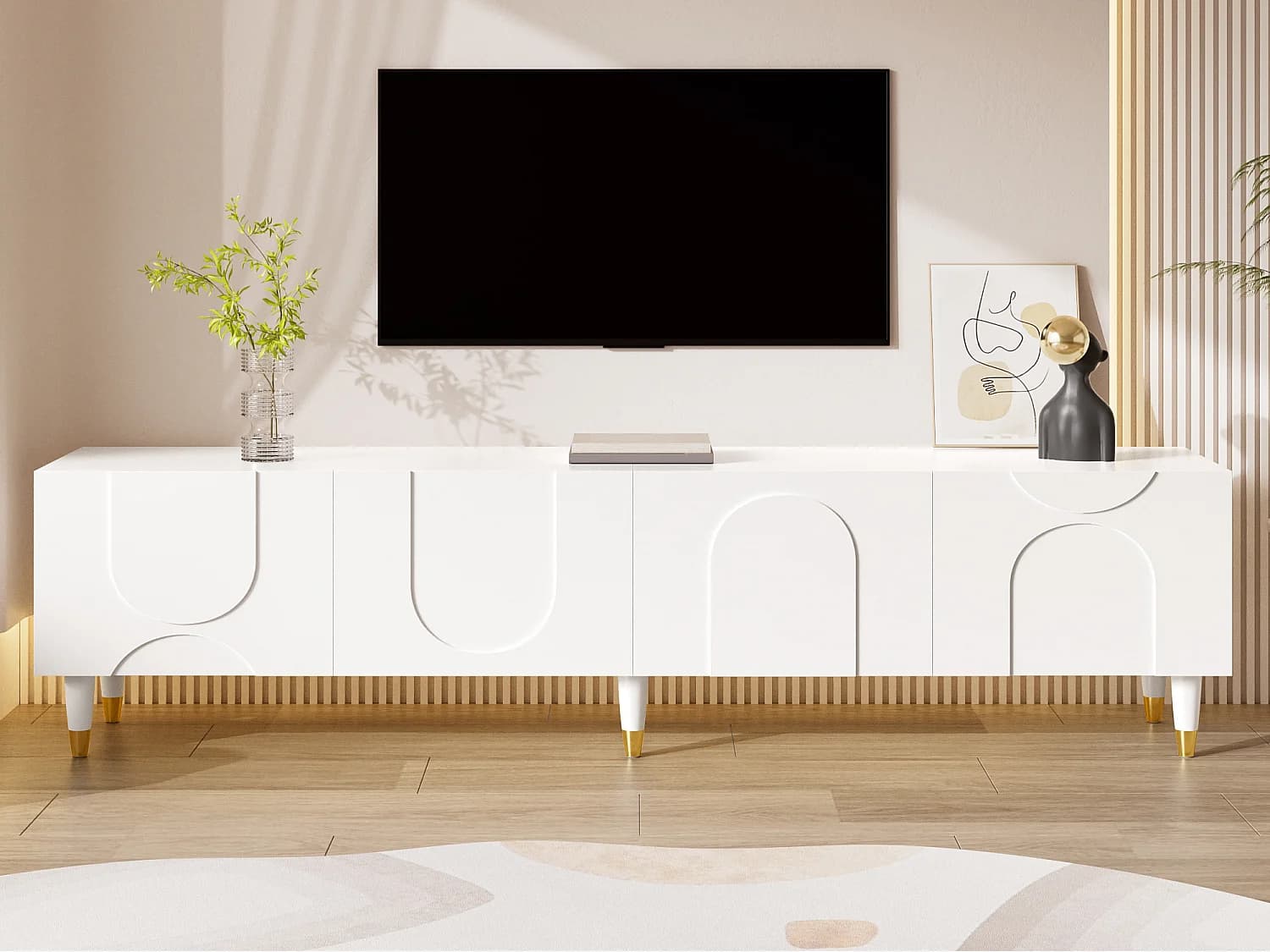 Meuble TV moderne 180x40x50 cm - avec 4 portes - Design en relief arqué - MDF + panneaux de particules - Blanc