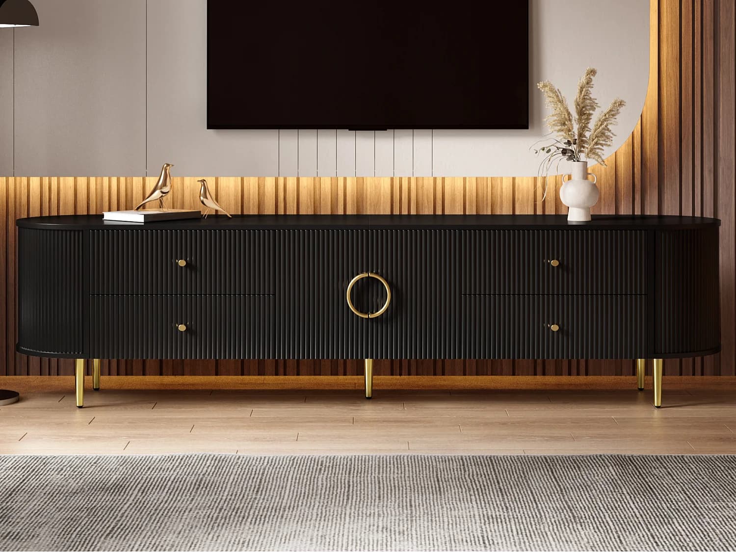 Meuble TV 180x40x38 cm - 4 tiroirs et 2 portes - Forme ovale - Texture ondulée 3D - Pieds en fer - MDF - Noir