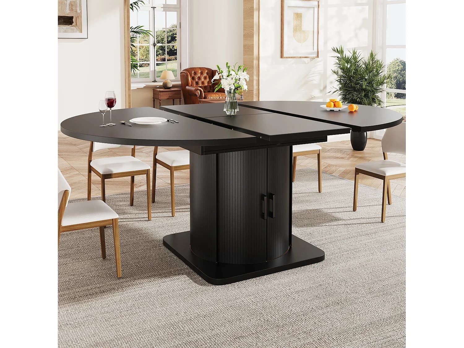 Table à Manger Ronde Extensible en Ovale 118-158cm - avec Tiroirs de Rangement et Pieds Élégants, Gain de Place - Noir
