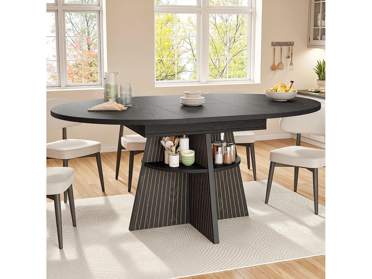 Table à Manger Ronde Extensible en Ovale 110-150cm - espace de stockage ouvert - bureau épaissi - Noir