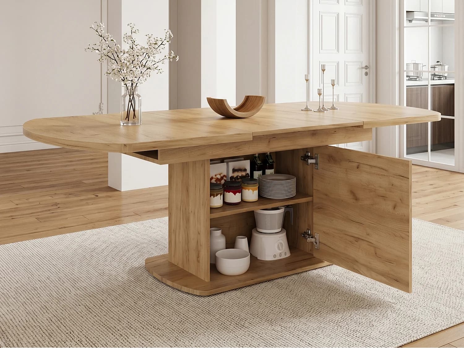 Table de salle à manger ovale extensible - 140/200x80x75 cm - Avec espace de rangement - Panneaux de particules - Naturel