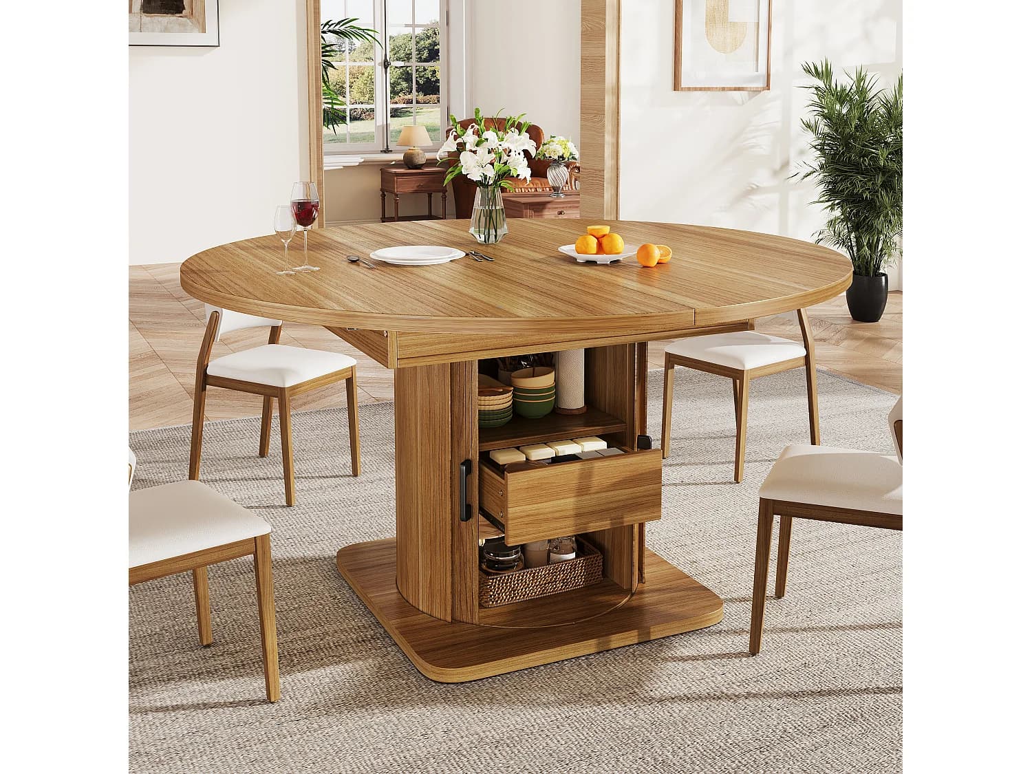 Table à manger extensible 118-158 x 118 cm pour 6 places avec tiroir - Marron foncé