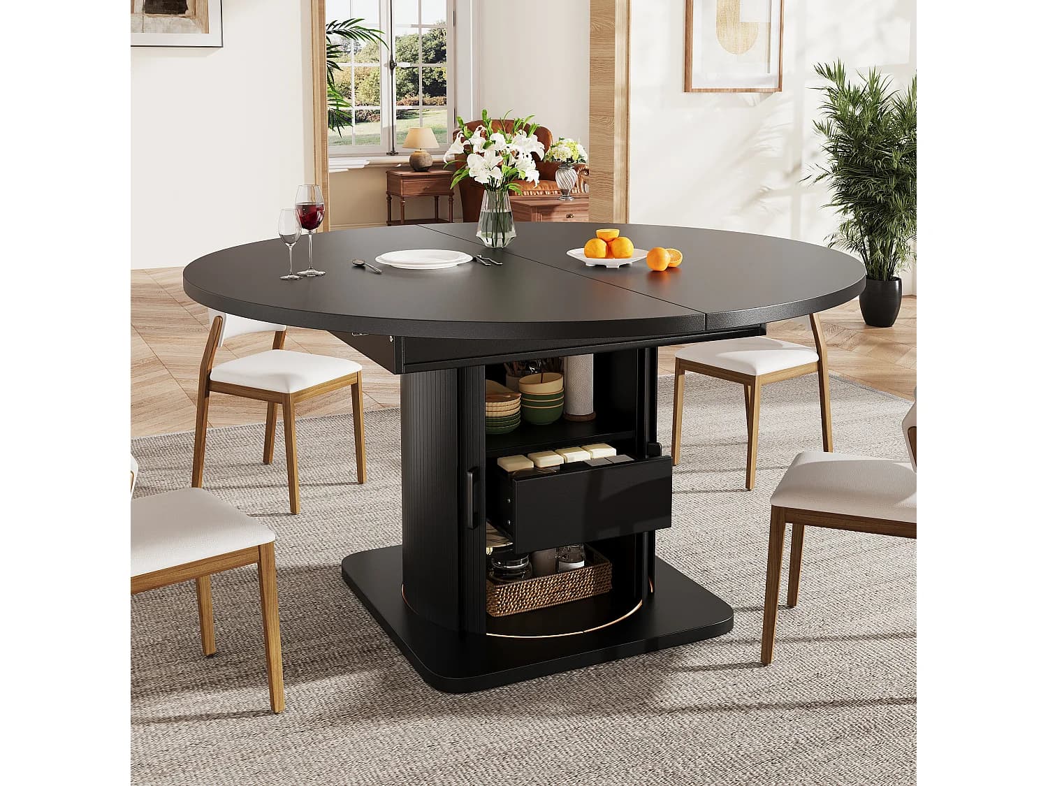 Table à manger extensible 118-158 x 118 cm pour 6 places avec tiroir - Noir