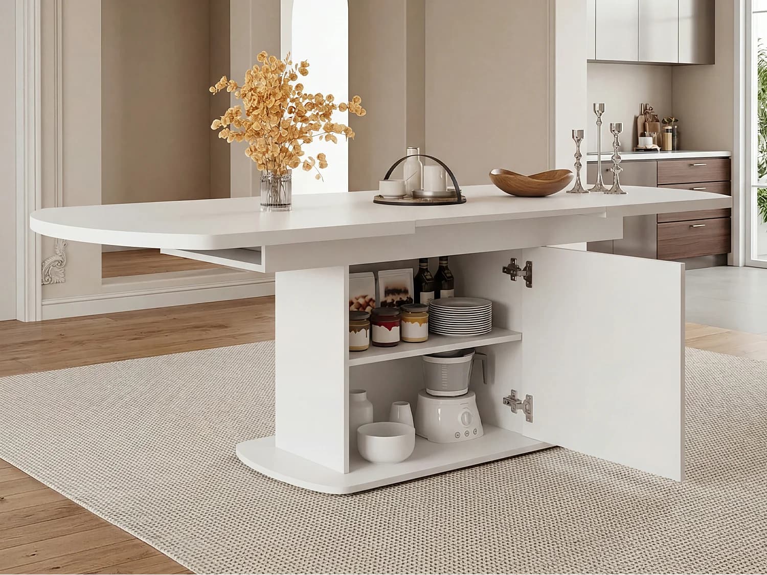 Table de salle à manger ovale extensible - 140/200x80x75 cm - Avec espace de rangement - Panneaux de particules - Blanc