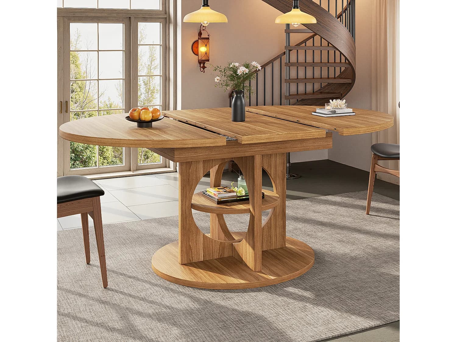 Table à Manger Ronde Extensible en Ovale 110-150cm - avec des étagères ouvertes - Marron