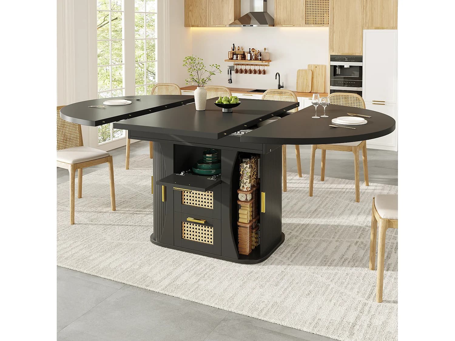 Table à Manger Ronde Extensible en Ovale 118-158cm - avec tiroirs de rangement en rotin - avec espace de rangement - Noir