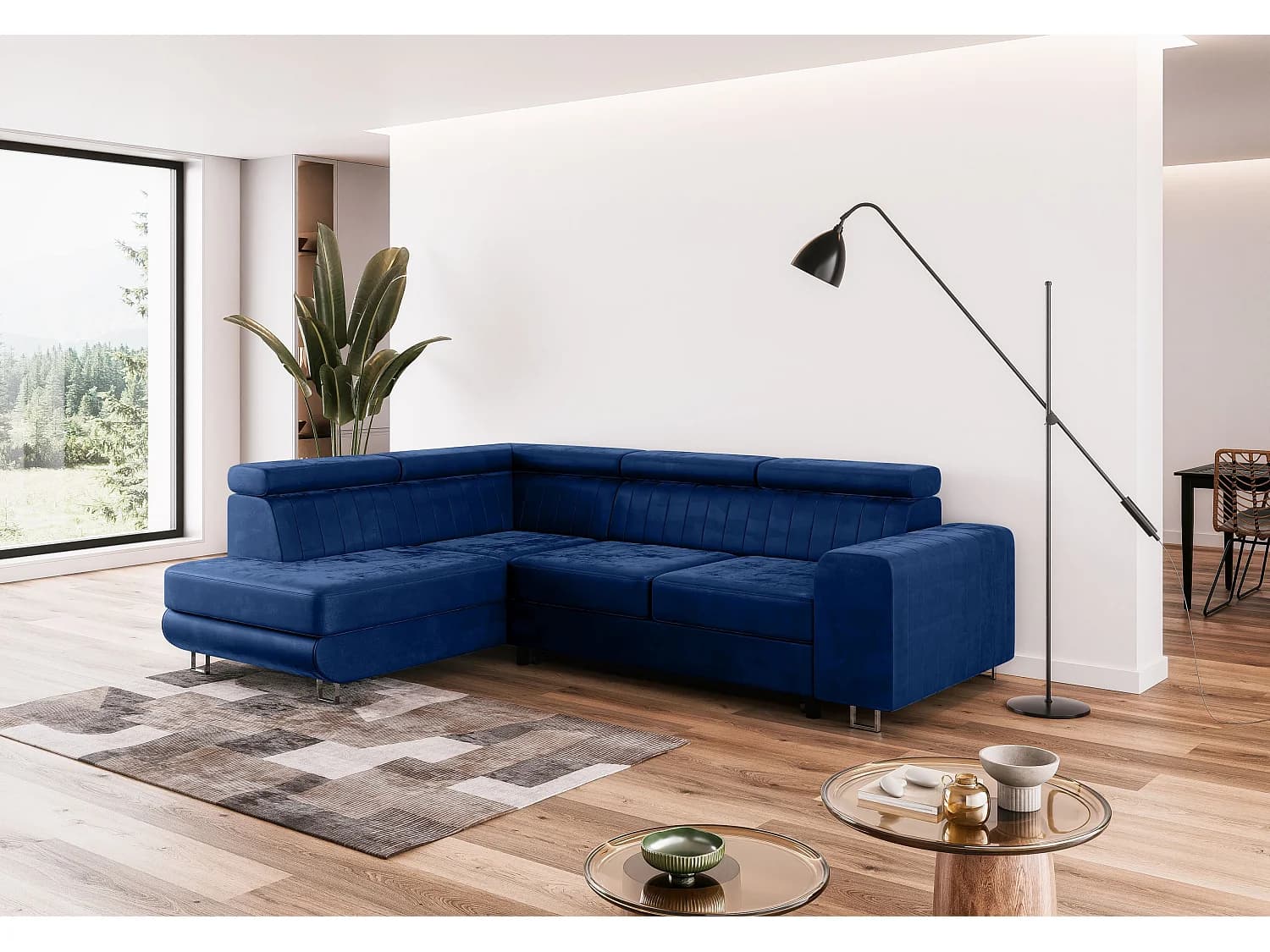 Canapé-lit Comfortino NOLA en Velours en Forme de L avec Rangement Bleu Foncé Angle Gauche