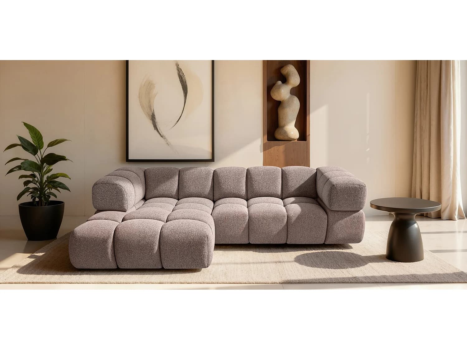 Canapé d'angle gauche capitonné en tissu bouclé rose poudré 280 cm - AVERRO