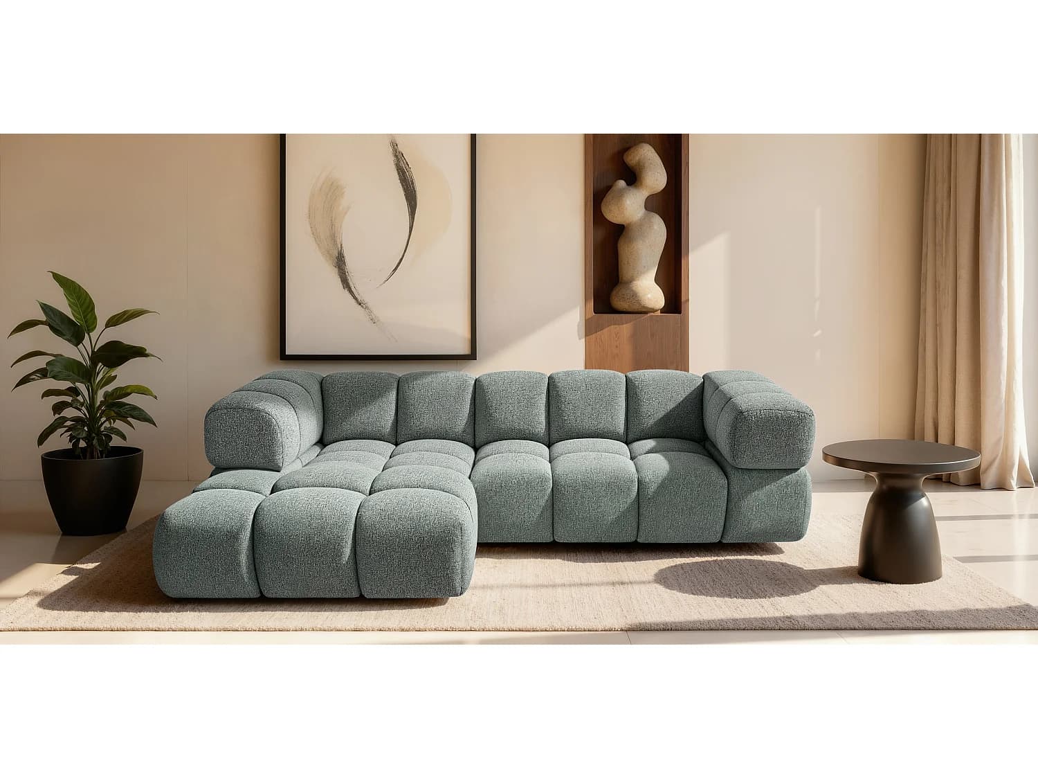Canapé d'angle gauche capitonné en tissu bouclé vert amande 280 cm - AVERRO