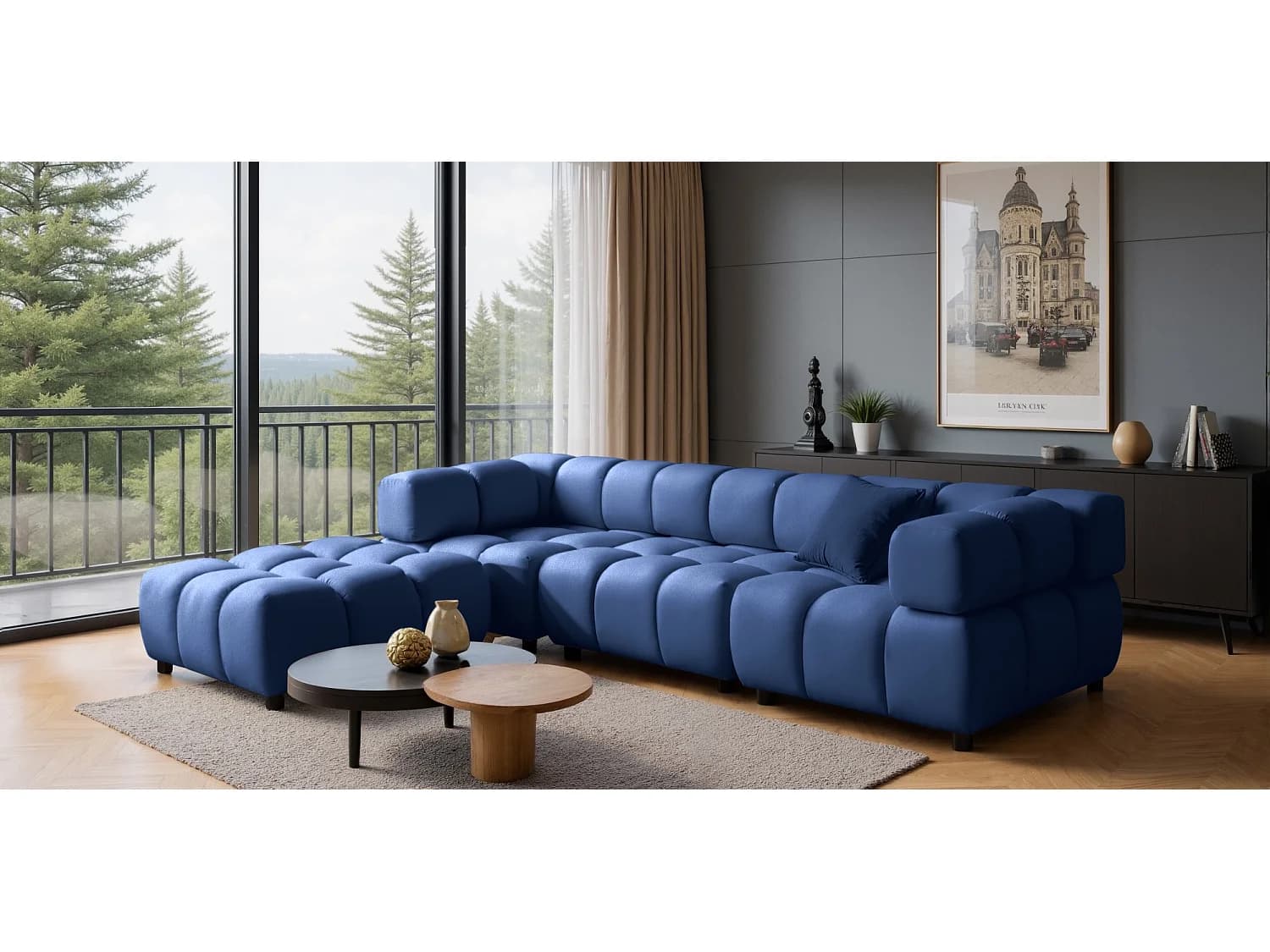 Canapé d'angle capitonné réversible en velours bleu nuit 288 cm - TONDO