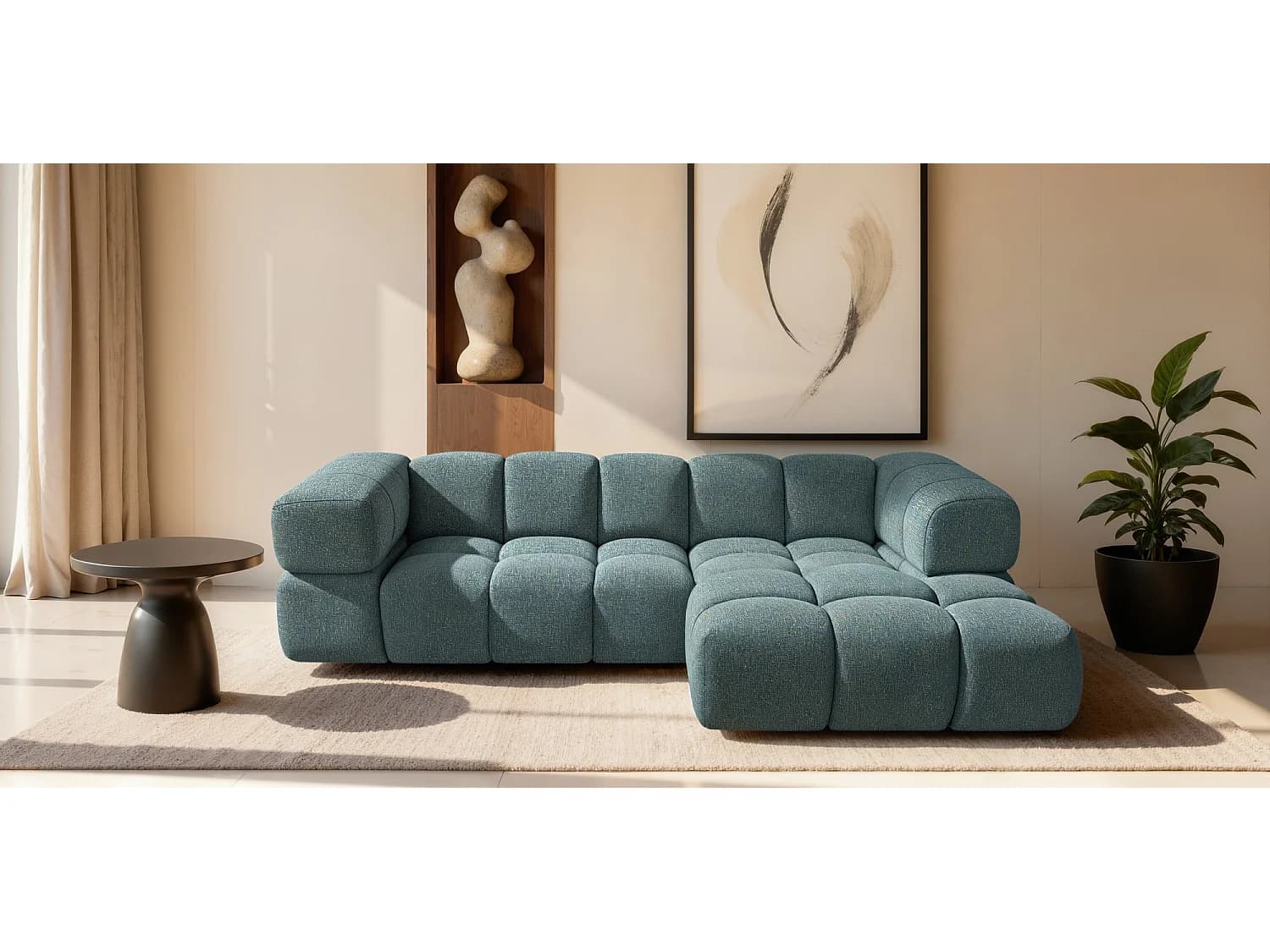 Canapé d'angle droit capitonné en tissu bouclé vert 280 cm - AVERRO