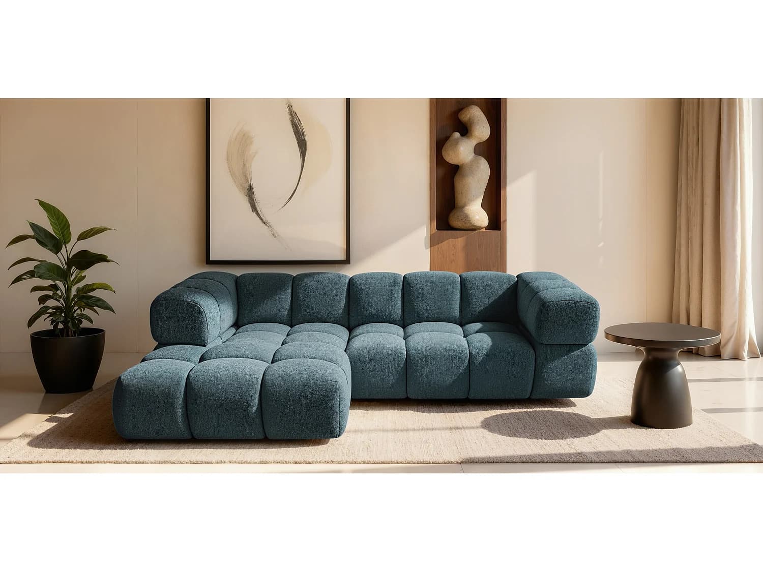 Canapé d'angle gauche capitonné en tissu bouclé bleu canard 280 cm - AVERRO