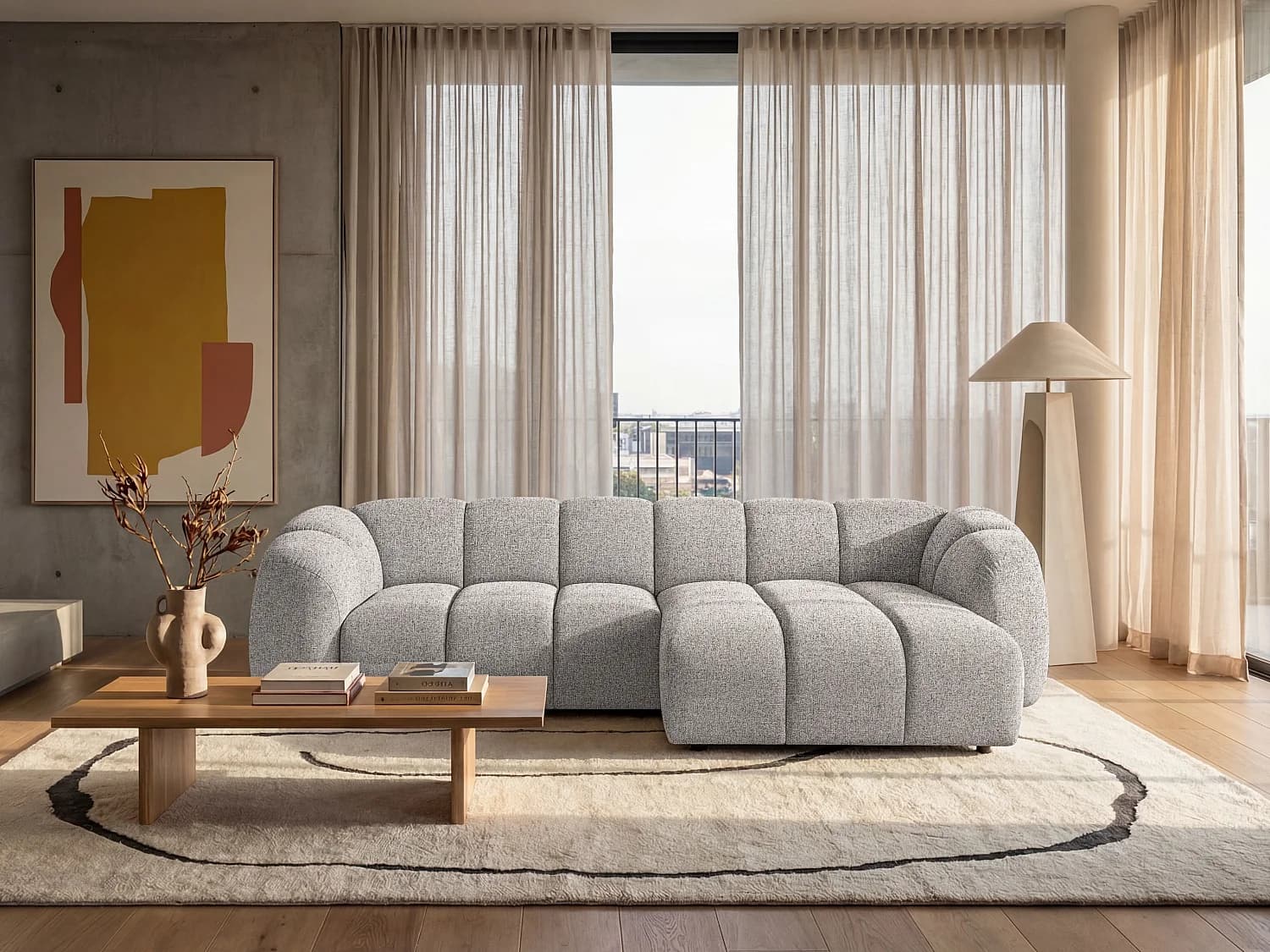 Canapé d'angle droit tissu bouclé gris clair 280 cm - Mali Design