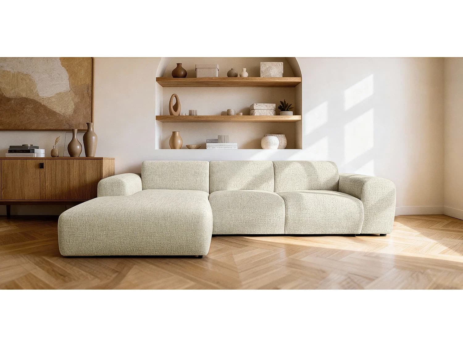 Canapé d'angle gauche en tissu bouclé blanc cassé 310 cm - GIN