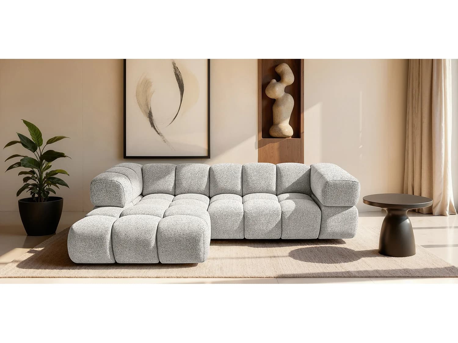 Canapé d'angle gauche capitonné en tissu bouclé beige 280 cm - AVERRO