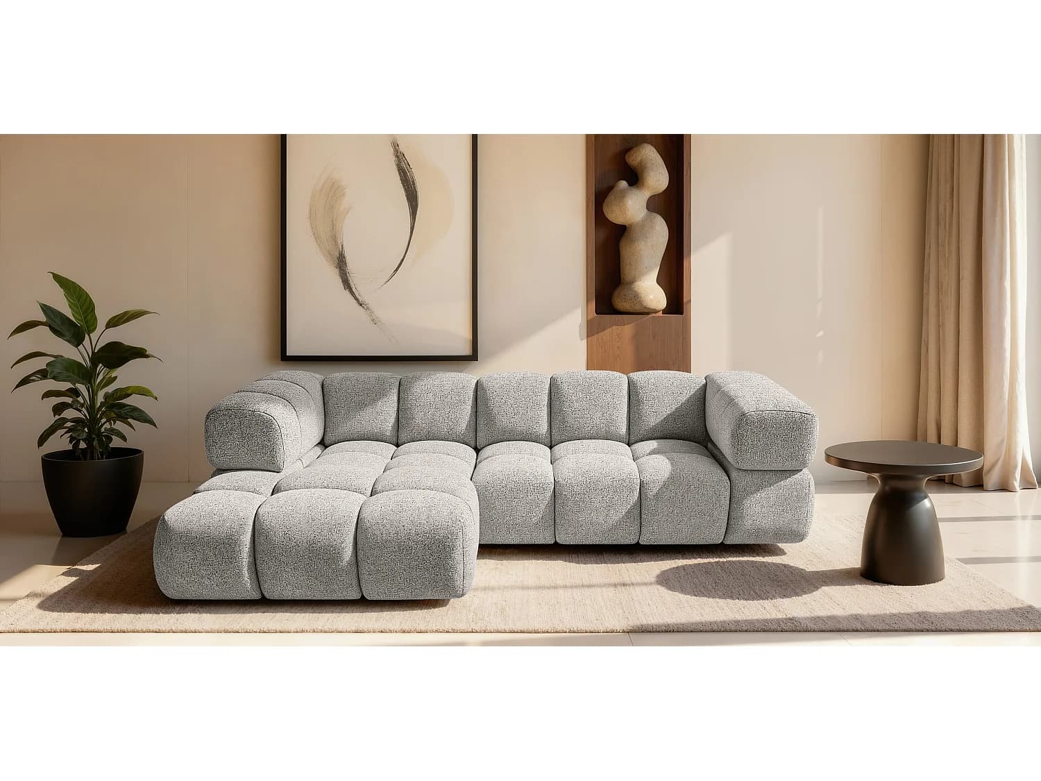 Canapé d'angle gauche capitonné en tissu bouclé gris clair 280 cm - AVERRO