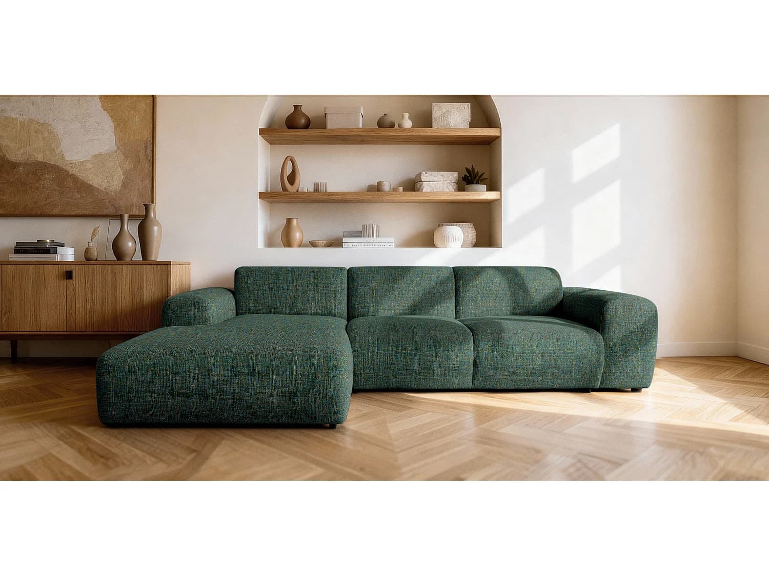 Canapé d'angle gauche en tissu bouclé vert 310 cm - GIN