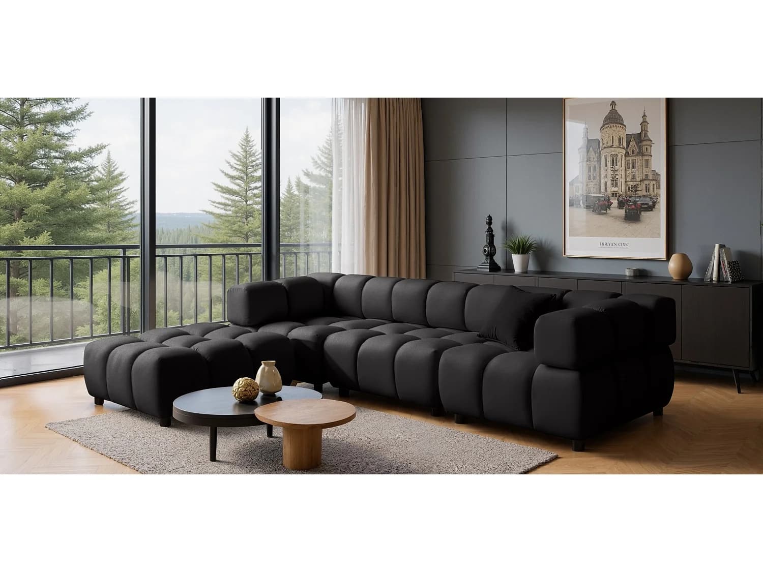 Canapé d'angle capitonné réversible en velours noir 288 cm - TONDO