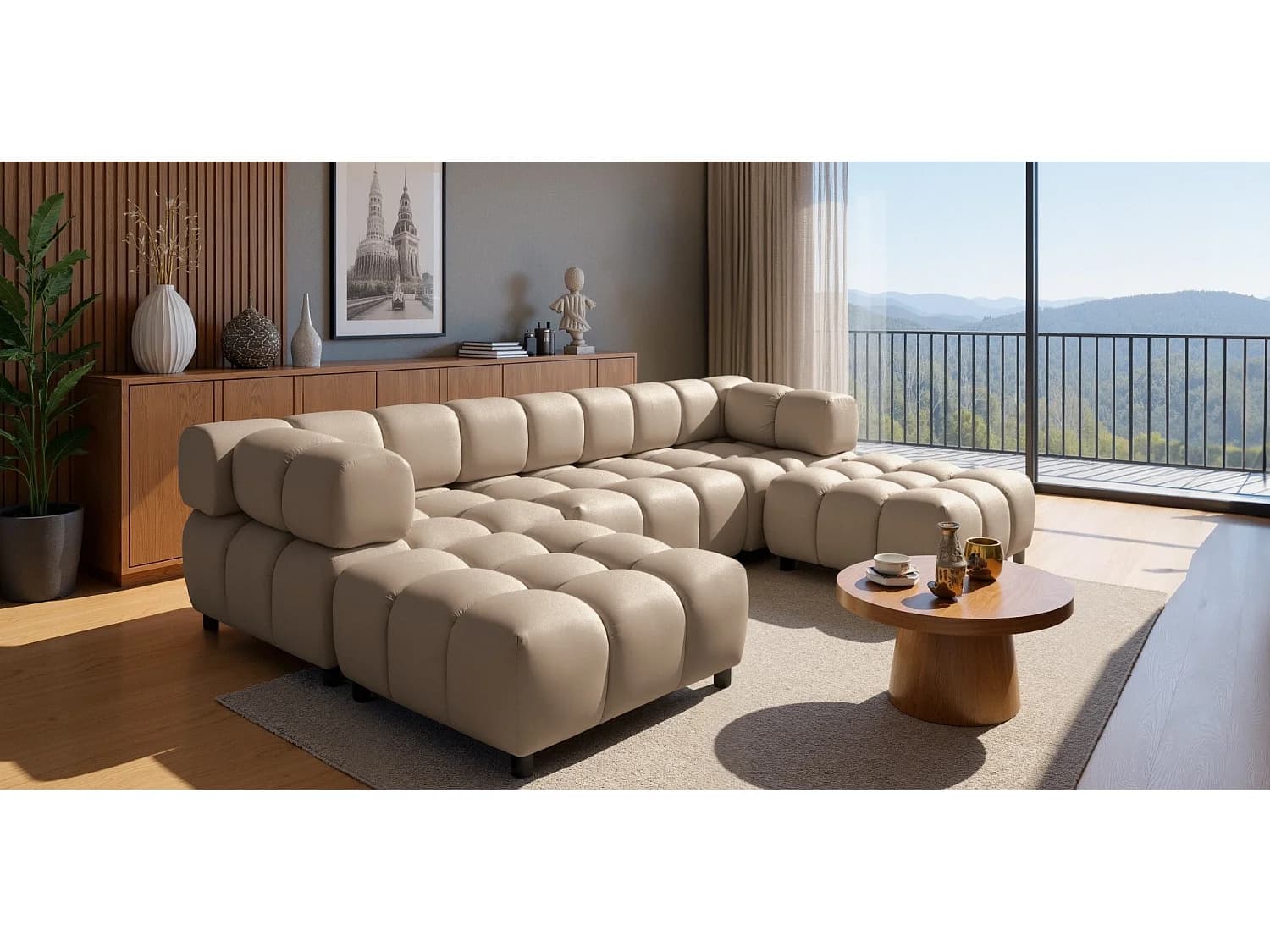 Canapé panoramique capitonné en velours taupe 288 cm - TONDO