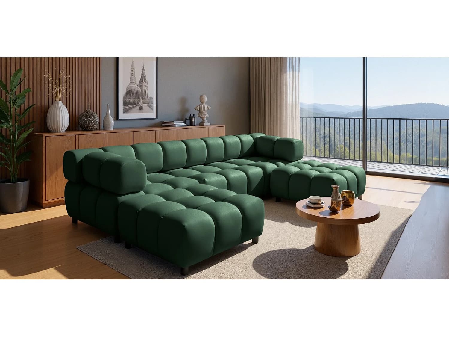 Canapé panoramique capitonné en velours vert 288 cm - TONDO