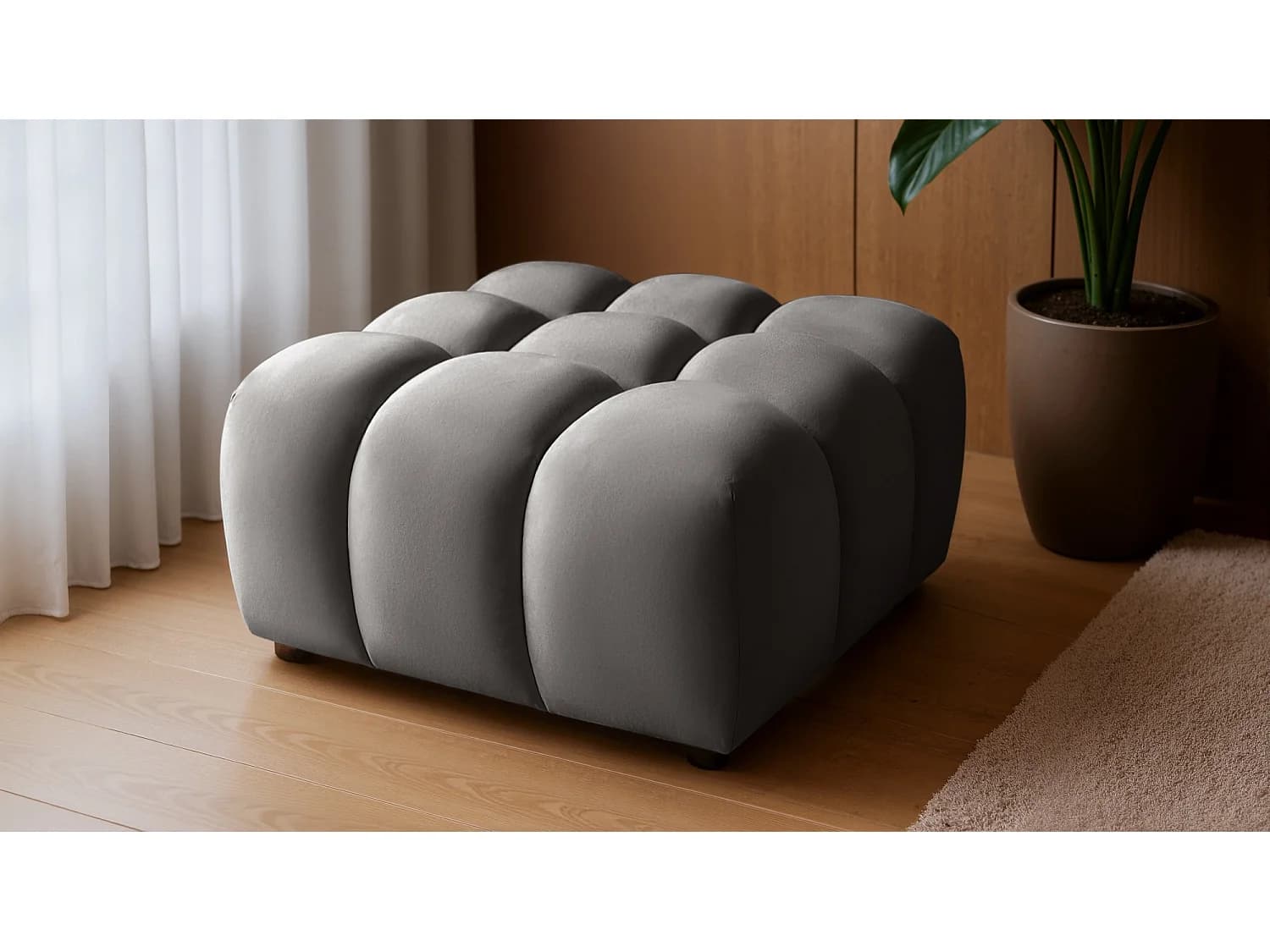 Pouf capitonné en velours gris 96 cm - TONDO