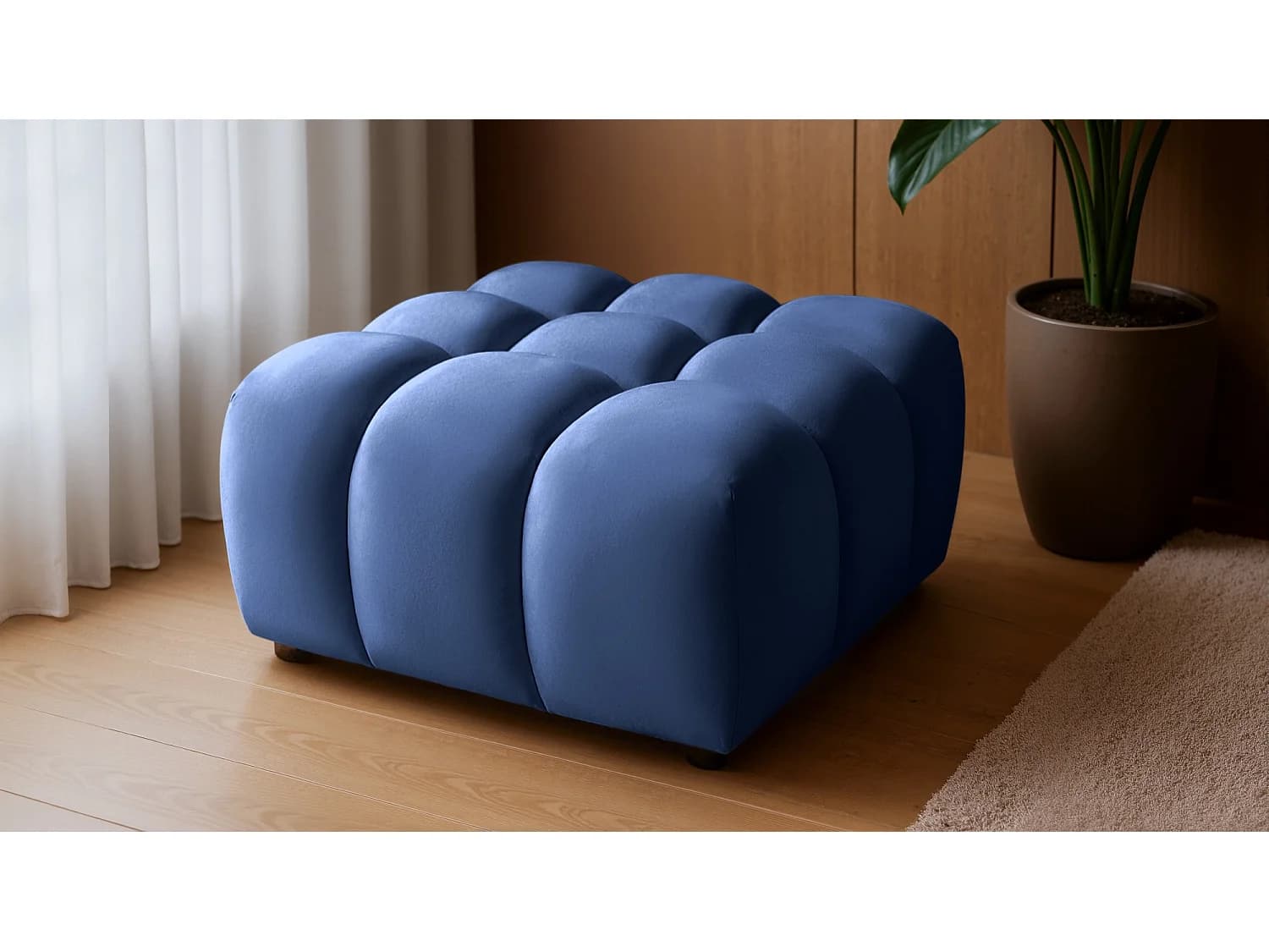 Pouf capitonné en velours bleu nuit 96 cm - TONDO