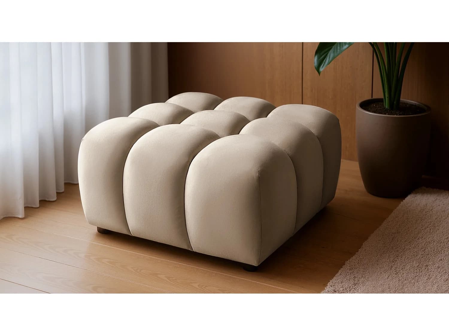 Pouf capitonné en velours taupe 96 cm - TONDO