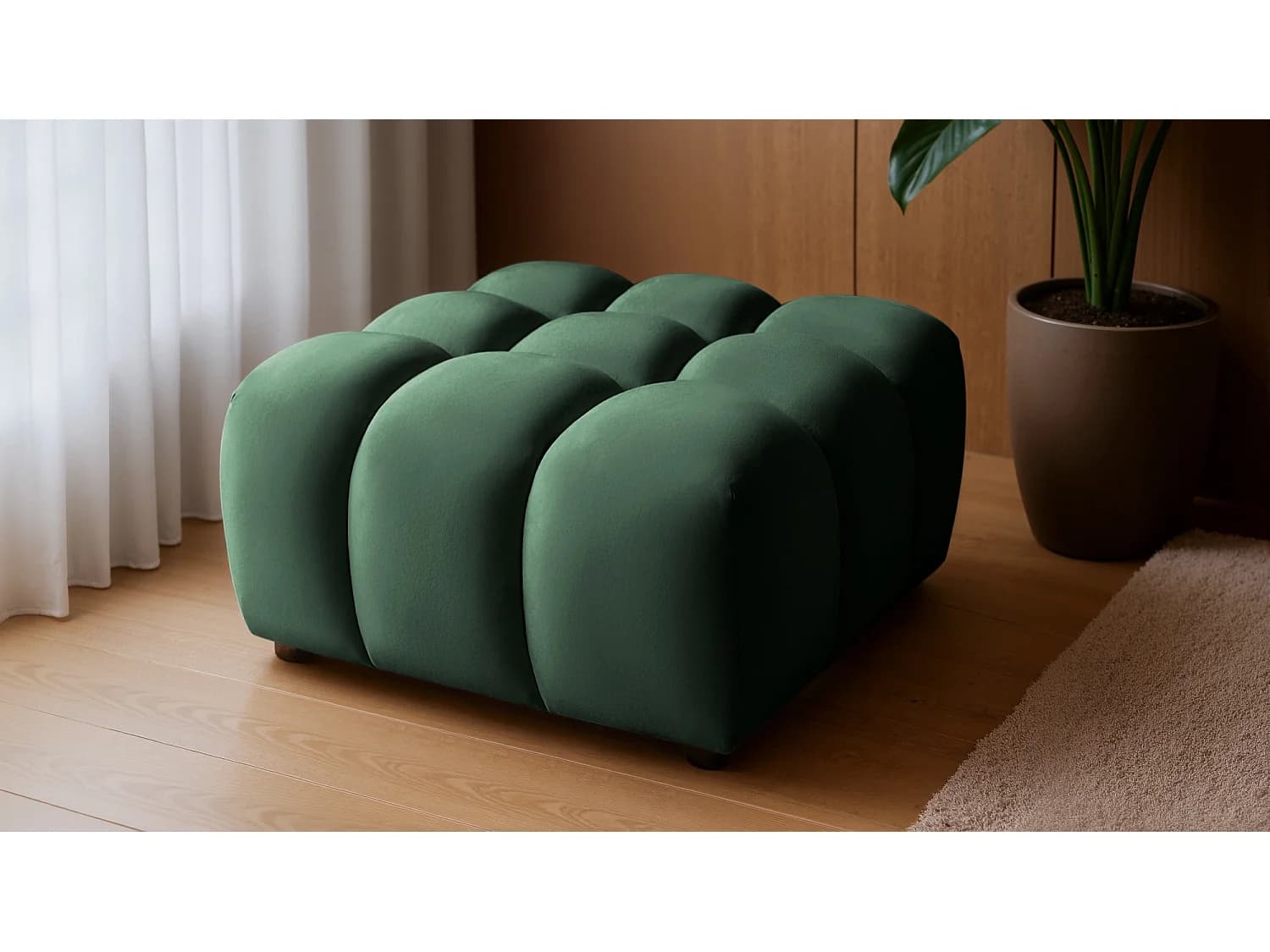 Pouf capitonné en velours vert 96 cm - TONDO