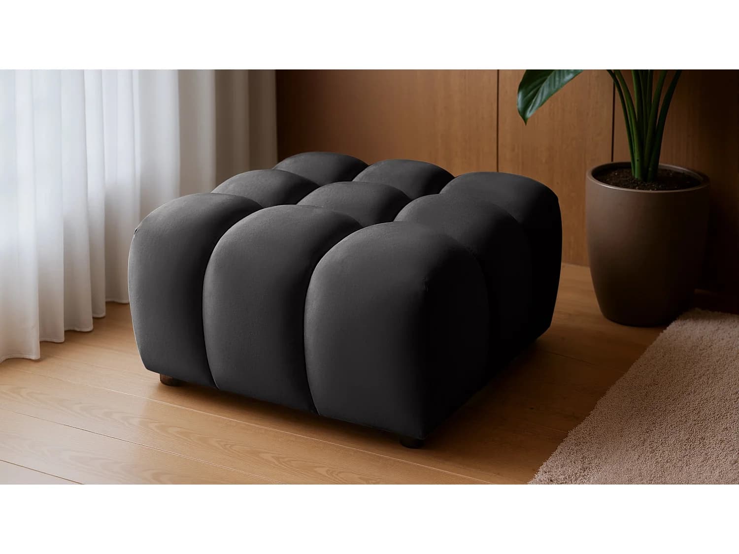 Pouf capitonné en velours noir 96 cm - TONDO