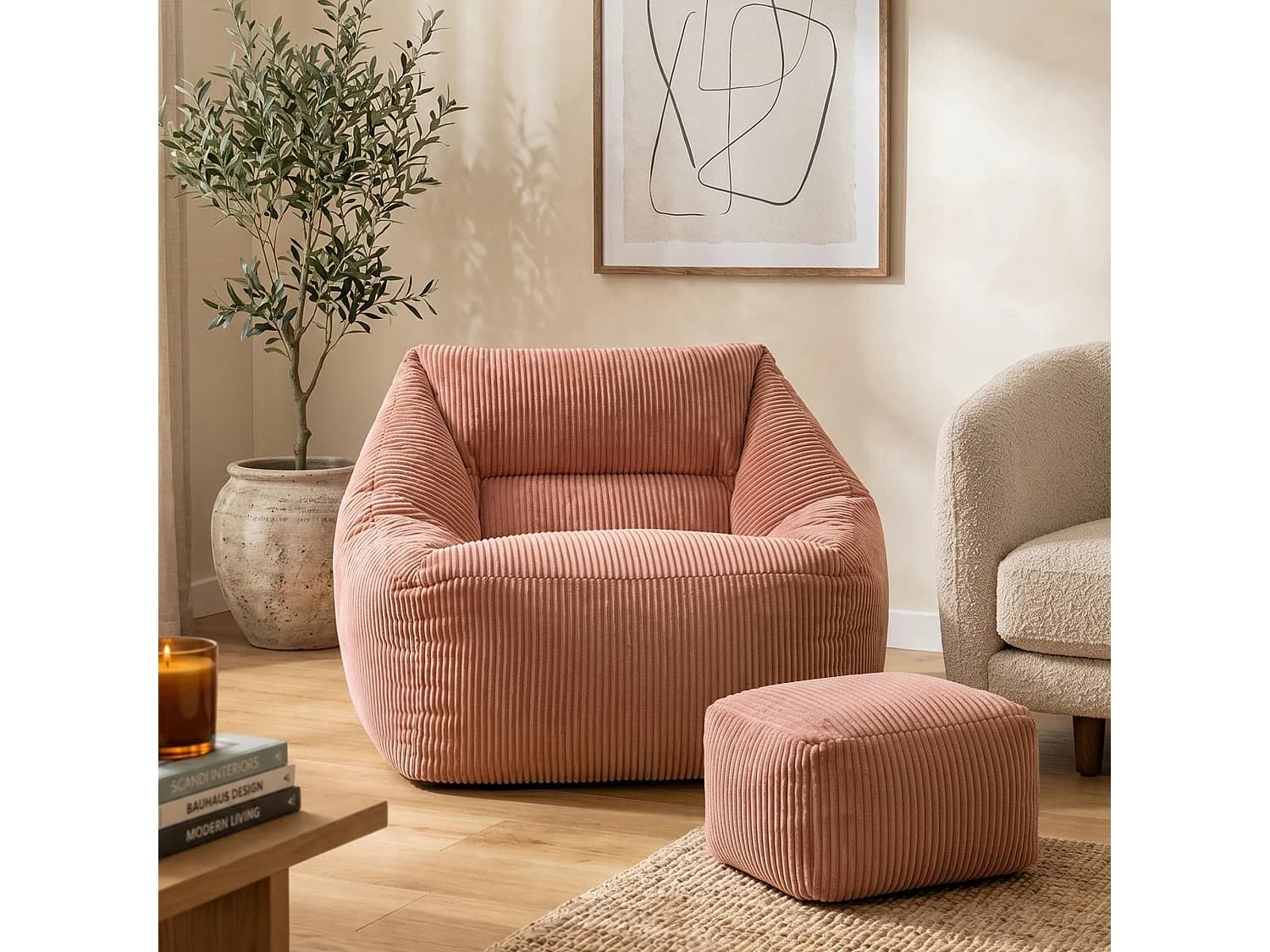 Pouf fauteuil et son repose-pieds carré velours côtelé rose aube, salon ou chambre - NATALIA