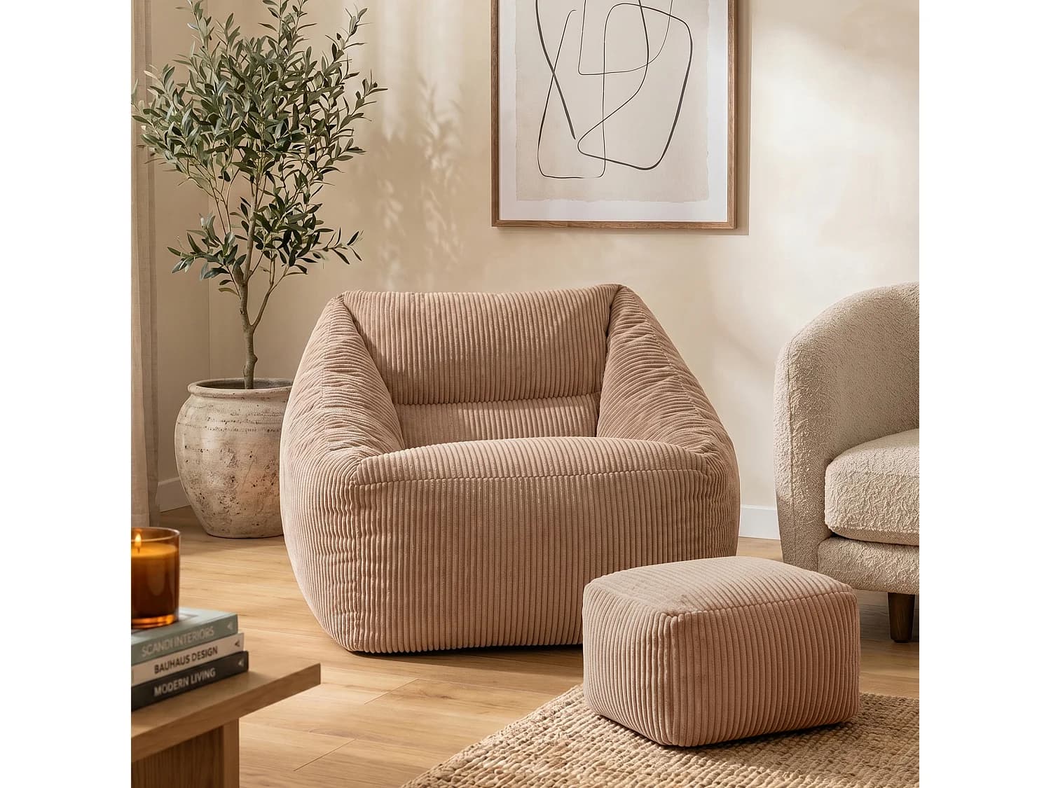 Pouf fauteuil et son repose-pieds carré velours côtelé brun moka, salon ou chambre - NATALIA