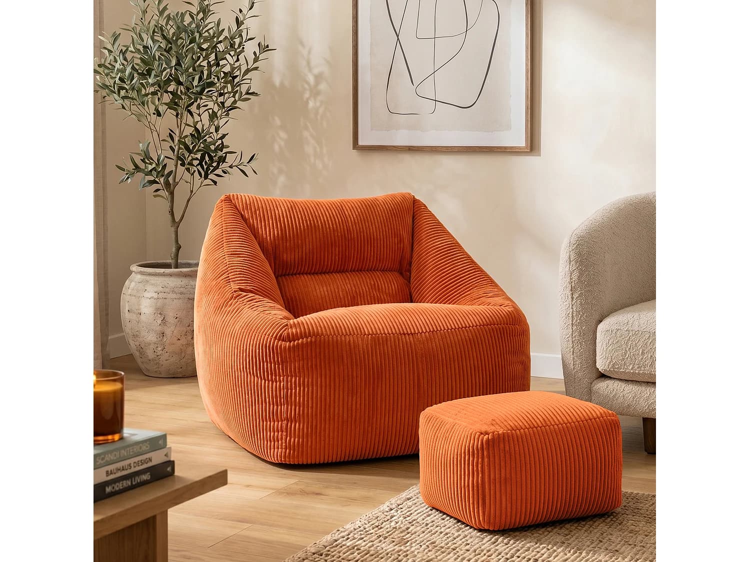 Pouf fauteuil et son repose-pieds carré velours côtelé orange, salon ou chambre - NATALIA