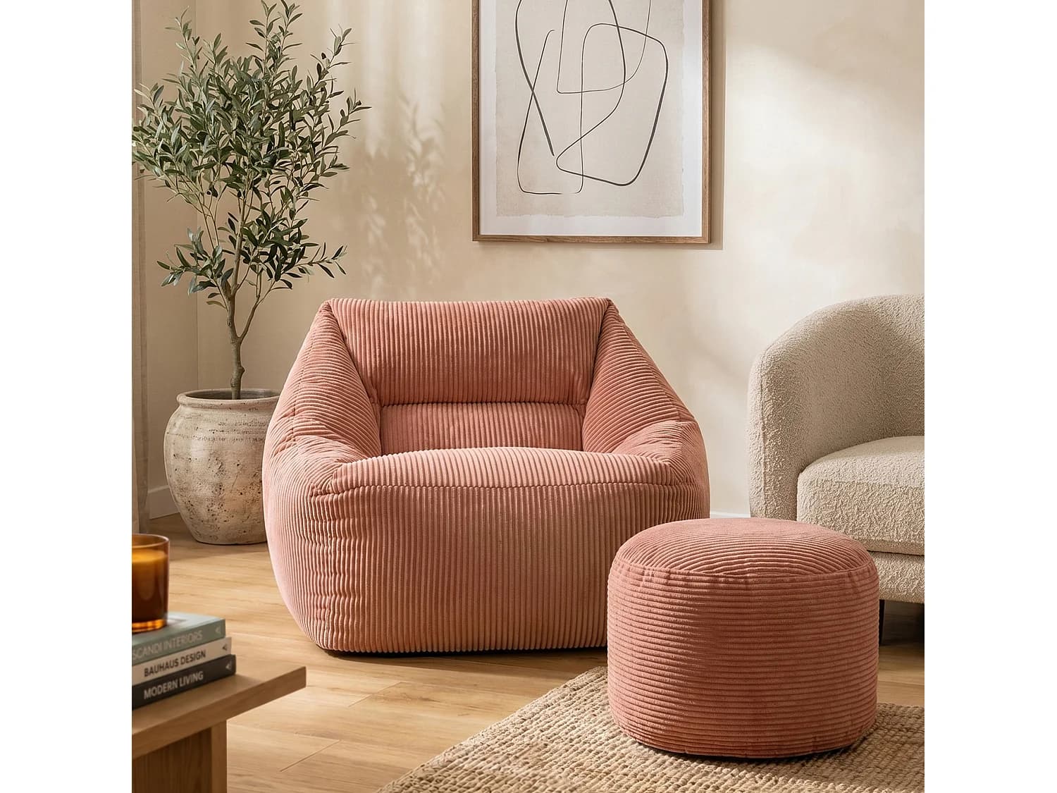 Pouf fauteuil avec repose-pied rond velours côtelé rose, salon ou chambre - NATALIA