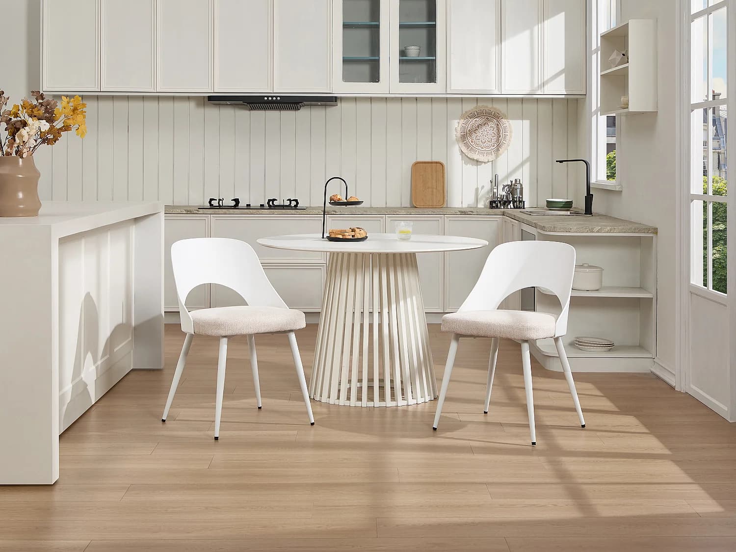 Lot de 6 chaises en polypropylène, tissu texturé et métal - Blanc et beige - IRELINA