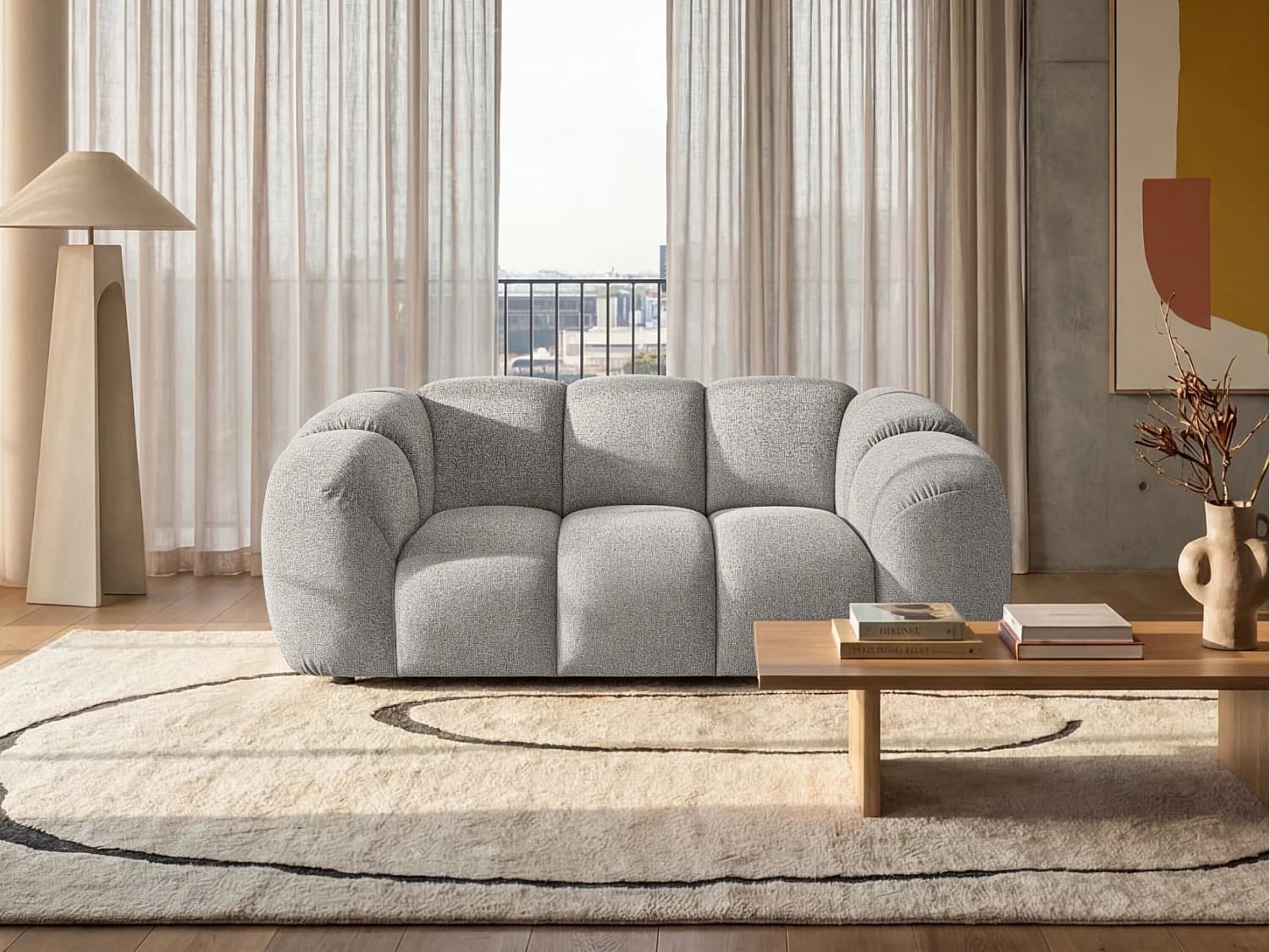 Canapé 2 places capitonné en tissu bouclé beige 200 cm - MALI 2S