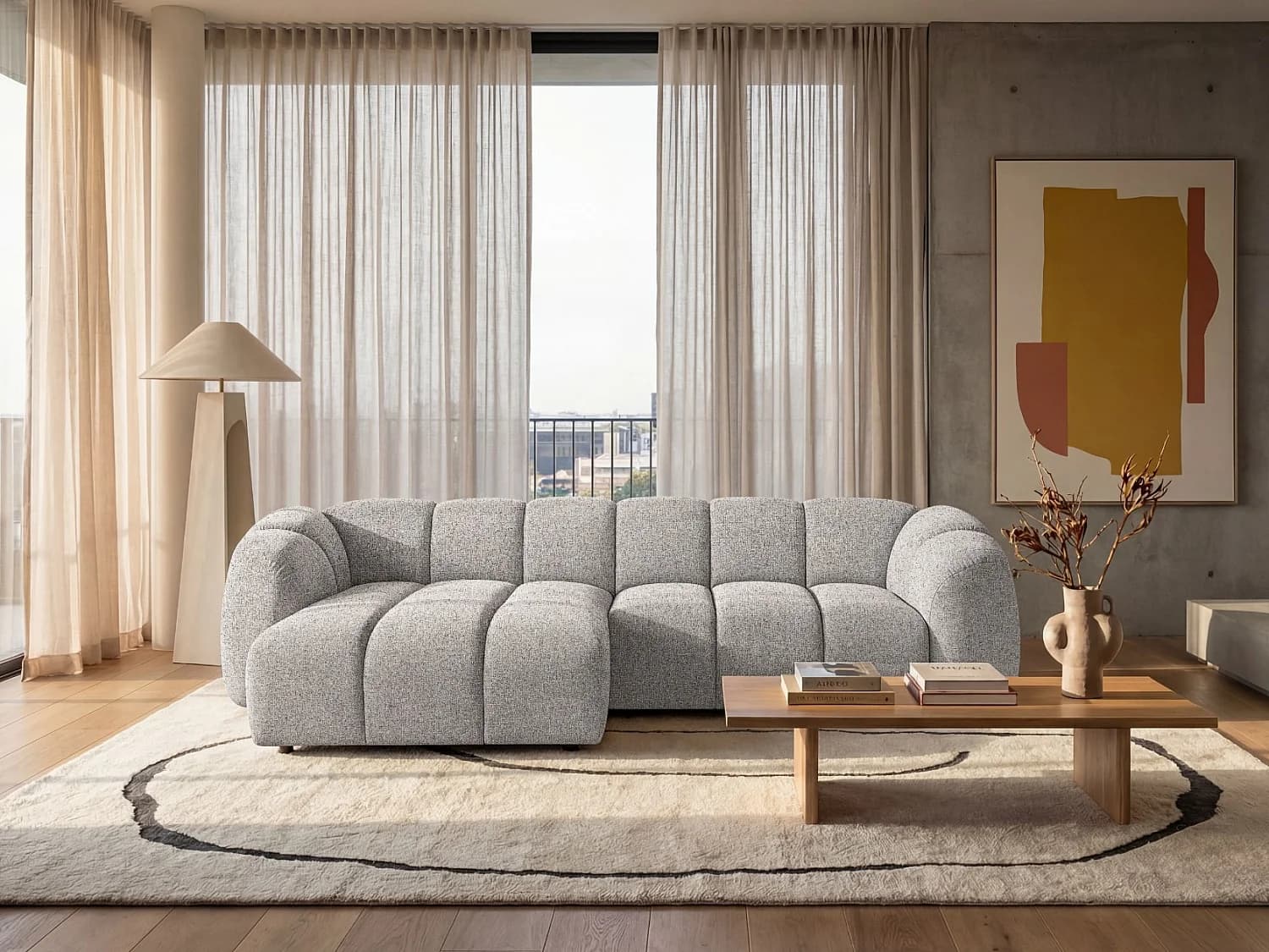 Canapé d'angle gauche tissu bouclé gris clair 280 cm - Mali Design