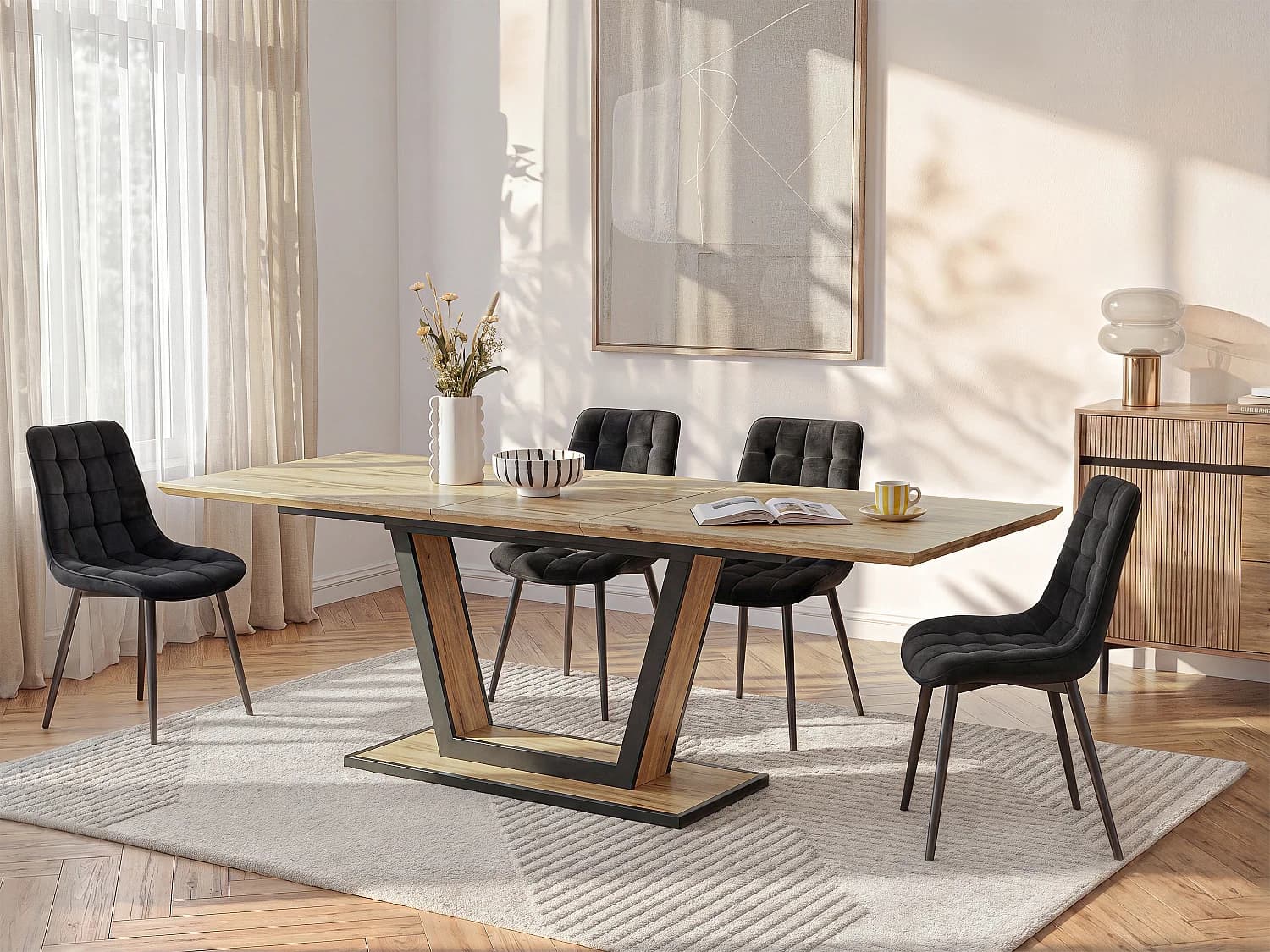 Table à manger extensible 6 à 10 personnes en MDF et métal - Naturel et noir - VITENO
