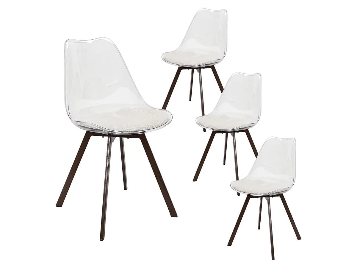Lot de 4 chaises coque transparente coussin assise en velours côtelé crème - MOARY