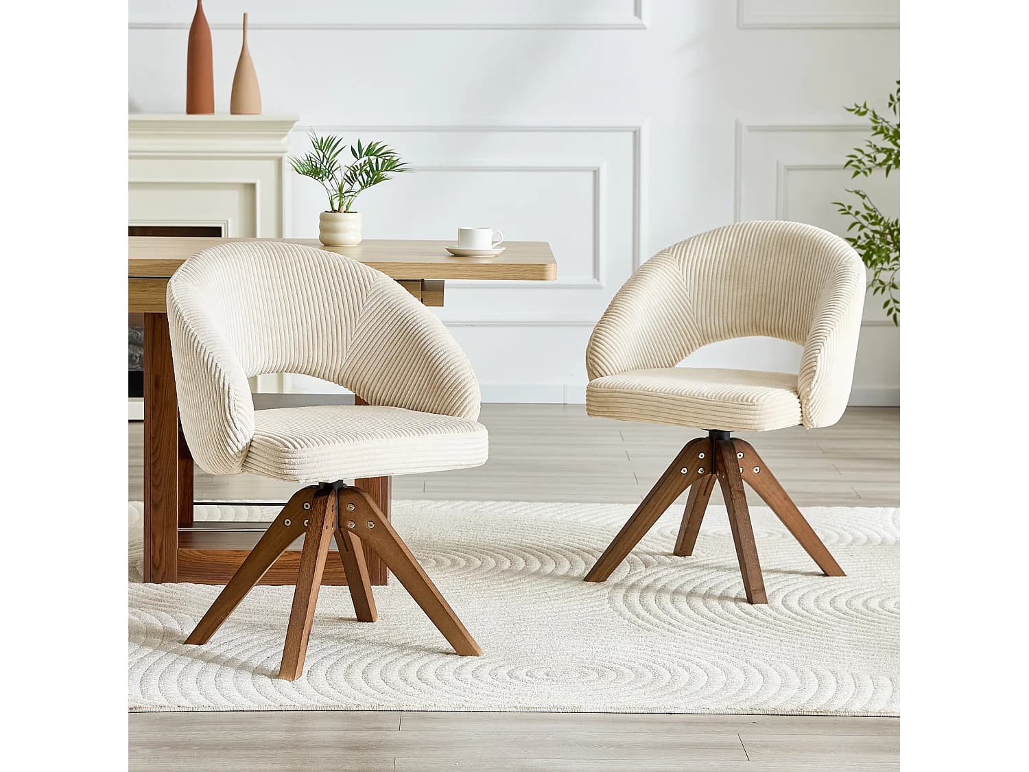 Lot de 2 chaises de salle à manger pivotantes en tissu blanc avec pieds en bois massif noyer