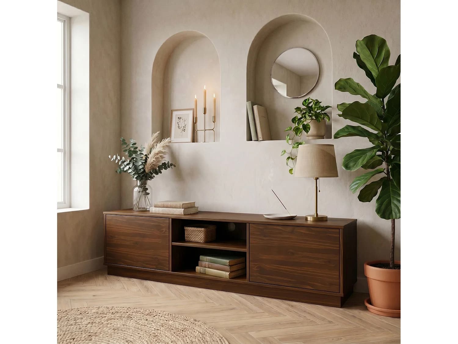 Meuble TV MAITE L 170 cm en Bois Massif Coloris Noyer avec 2 Portes et 2 Niches pour Télé jusqu’à 75", Portes Push-to-Open