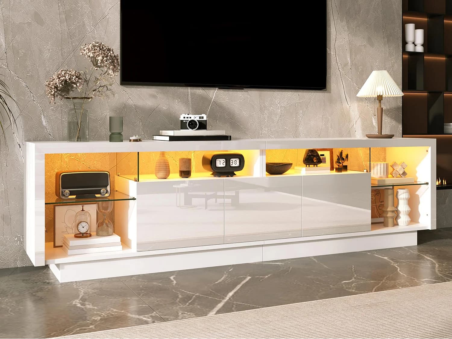 Meuble TV moderne 200 x 38 x 55 cm - Trois portes laquées brillantes - Éclairage LED - Étagères en verre - MDF - Blanc